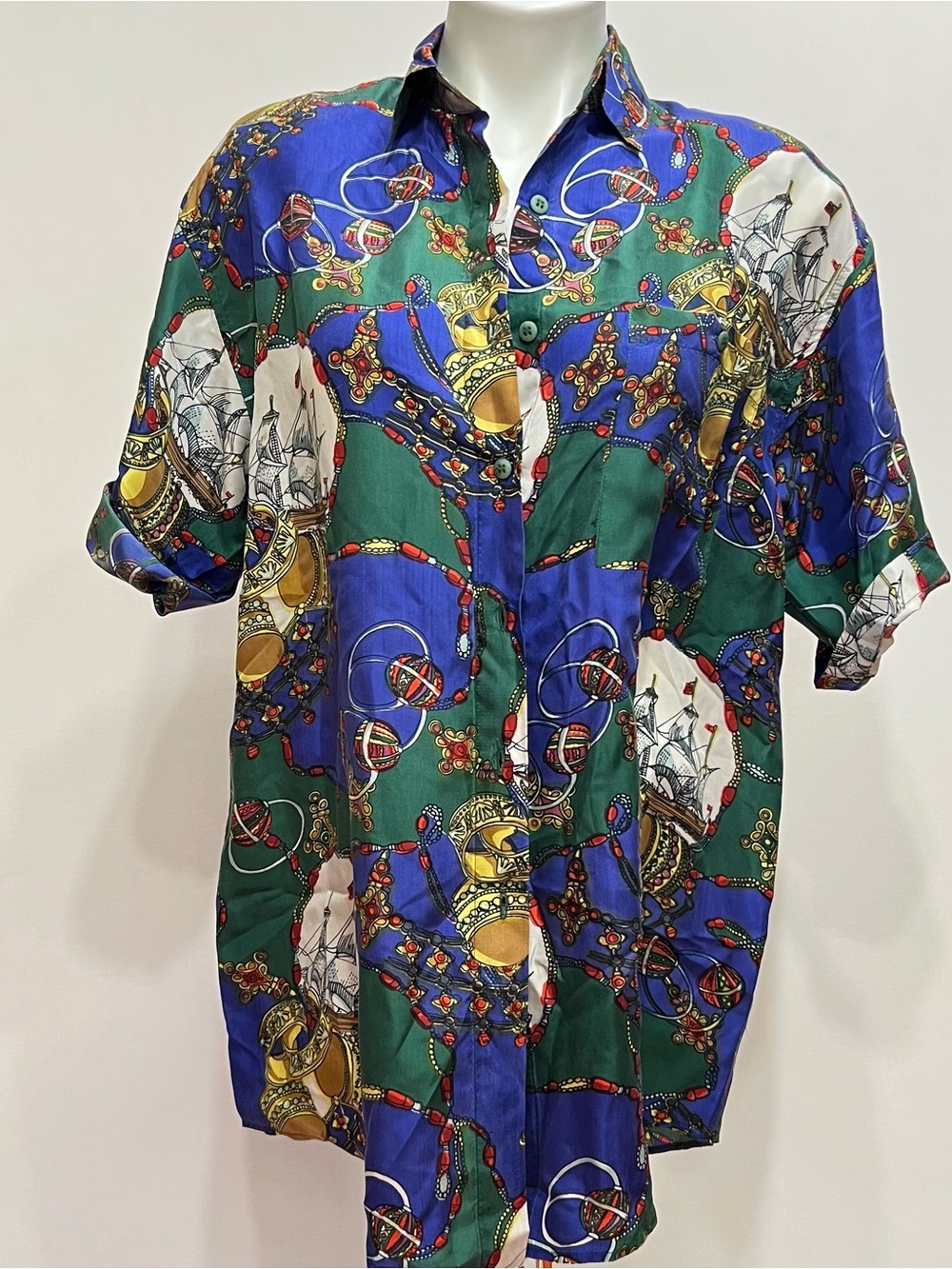 Vintage 80s Silk Button Up Blouse Sz Small Baroque Nautical Eclectic Print